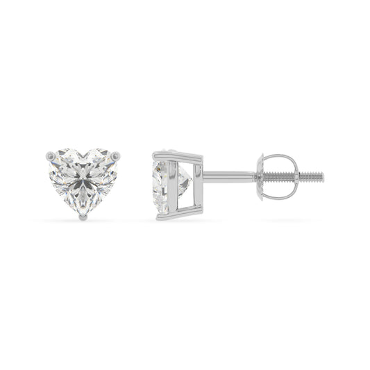 lab grown moissanite heart stud earrings in white gold
