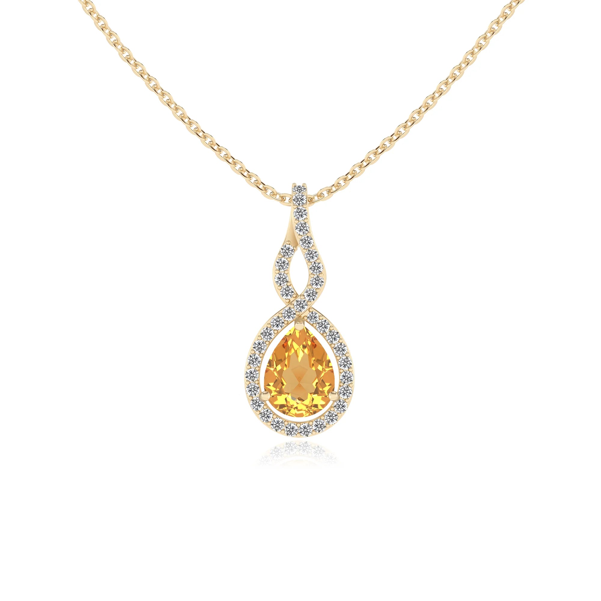 lab grown citrine pear necklaces in yellow gold
