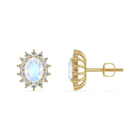 natural rainbow moonstone oval stud earrings in yellow gold