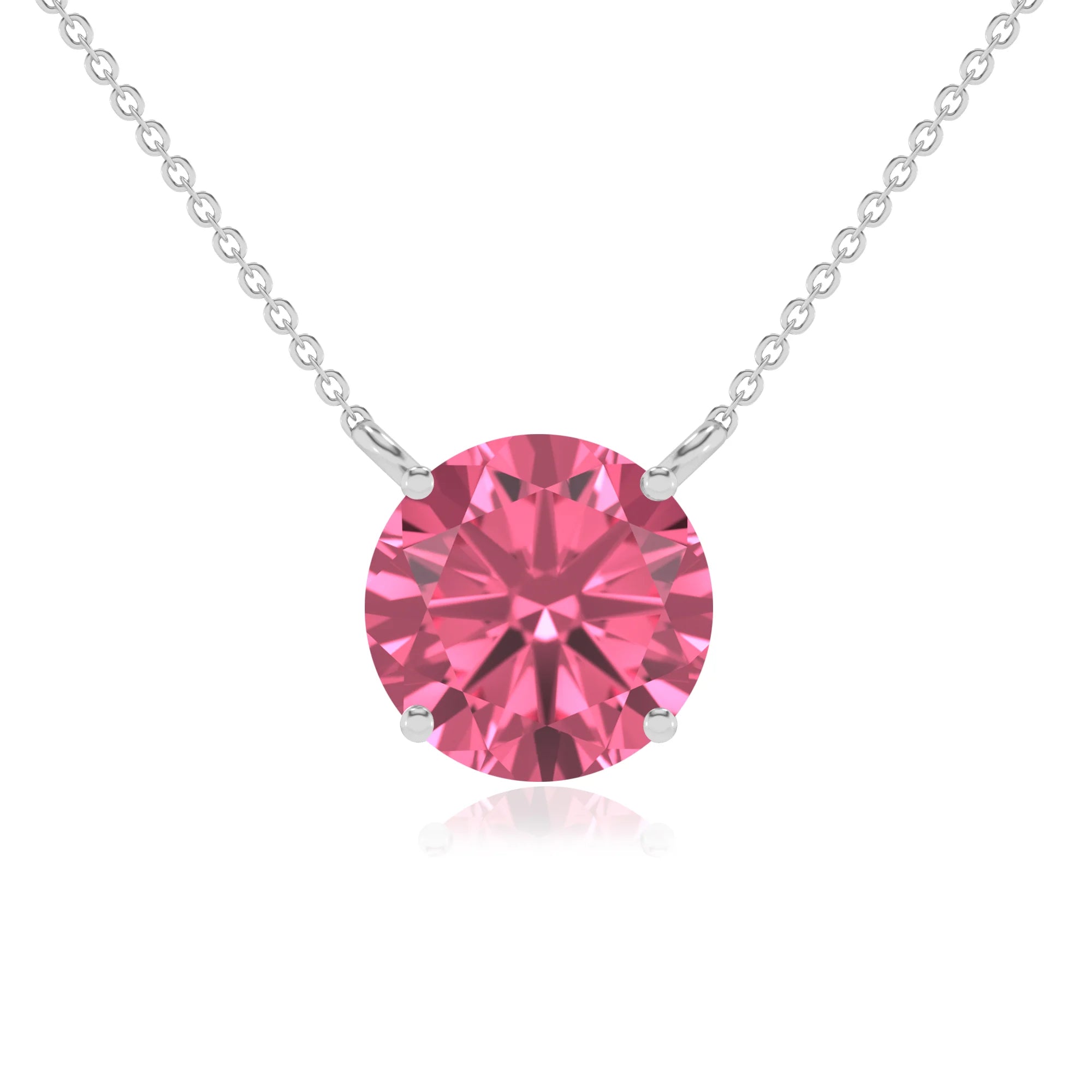 lab grown pink-tourmaline round solitaire necklaces in white gold