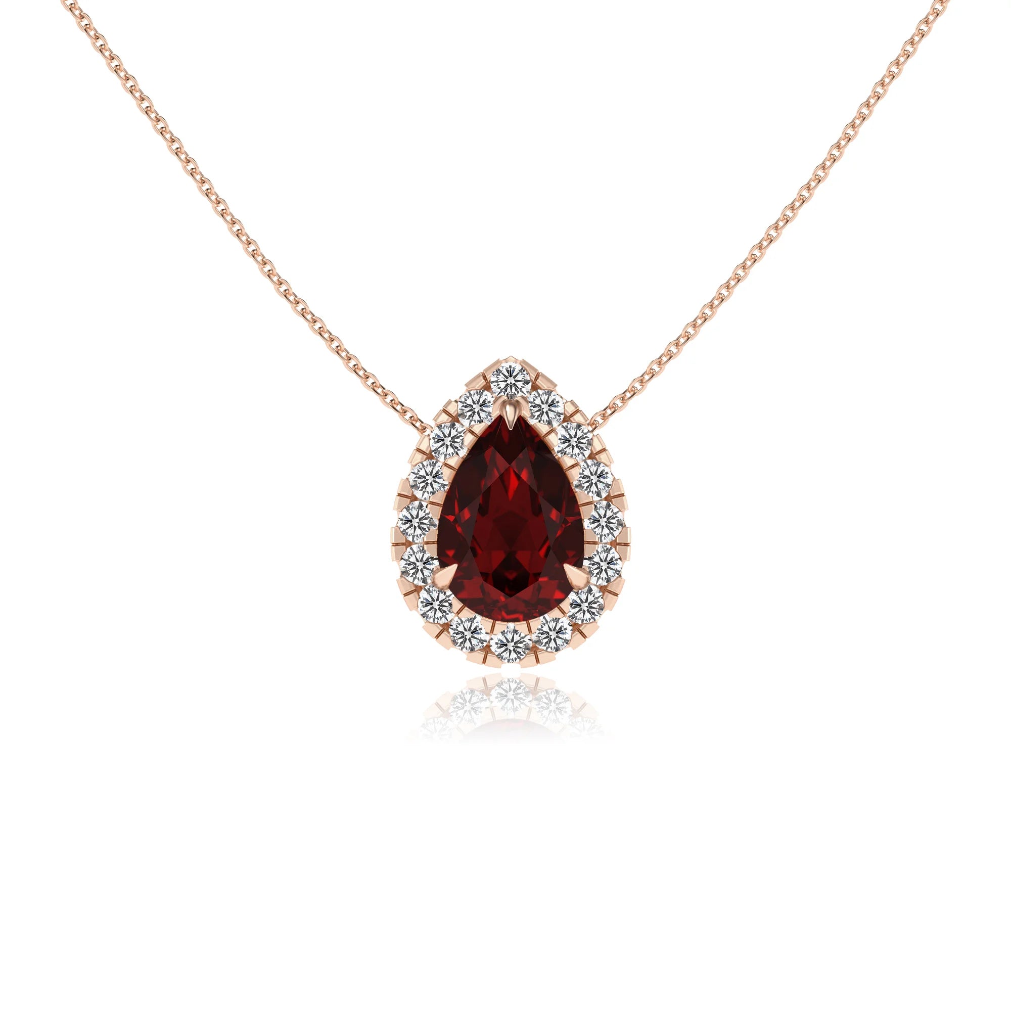 natural garnet pear solitaire necklaces in rose gold