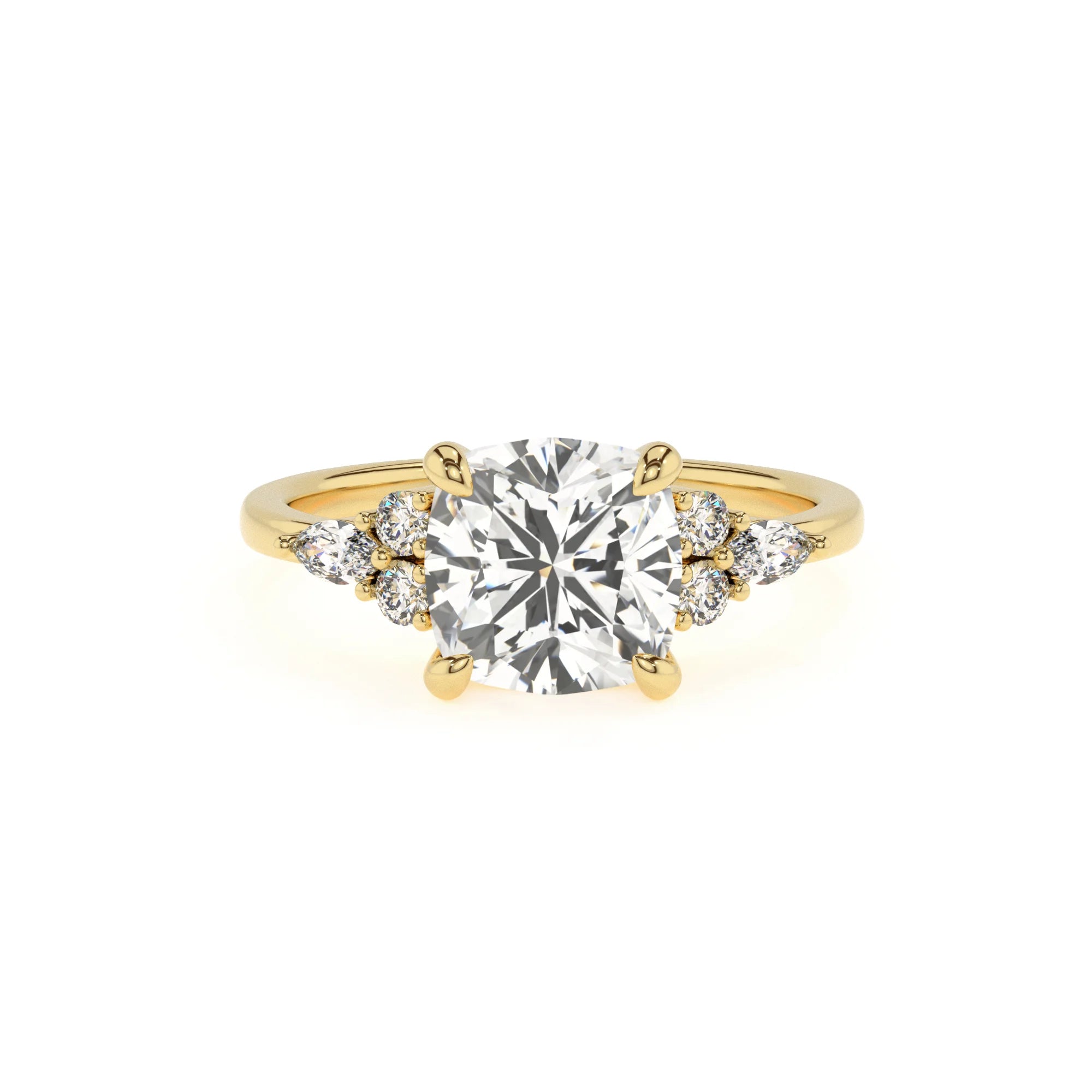 lab grown moissanite cushion solitaire rings in yellow gold