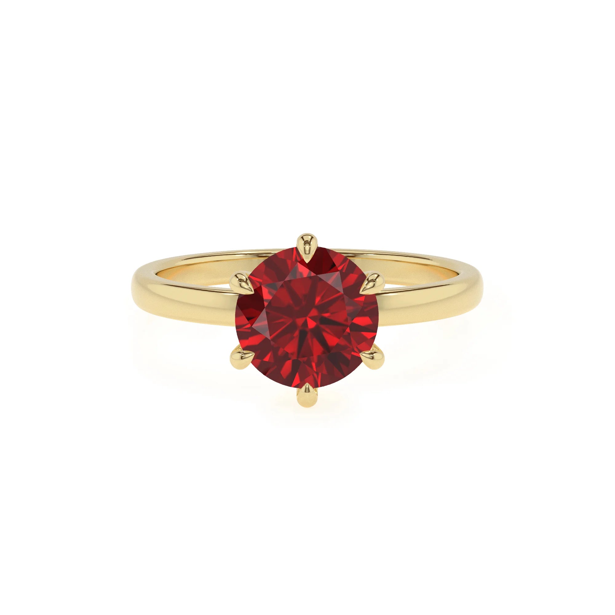 lab grown ruby round solitaire rings in yellow gold
