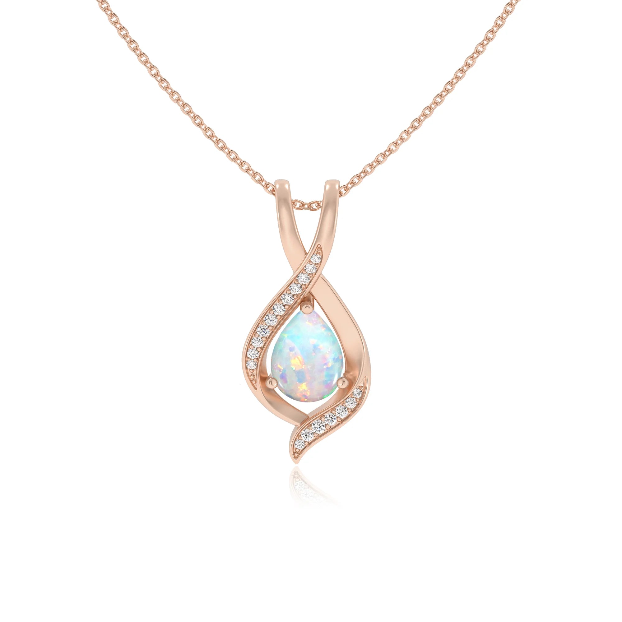 lab grown opal pear solitaire necklaces in rose gold