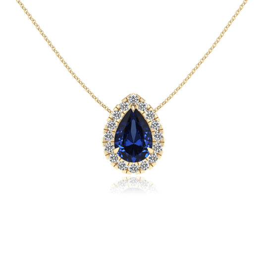 lab grown blue sapphire pear solitaire necklaces in yellow gold