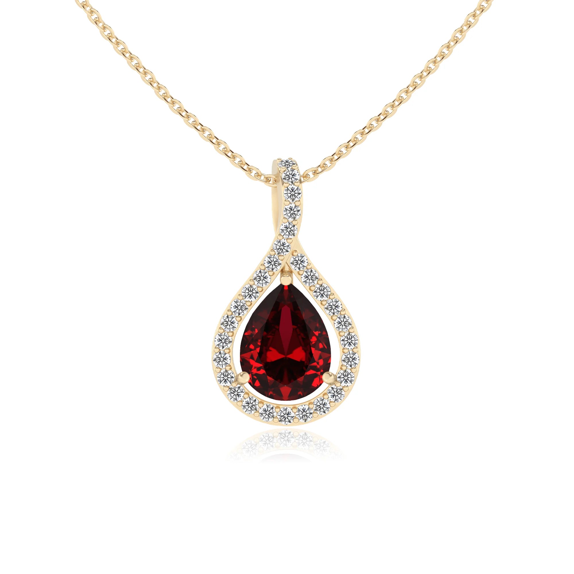 lab grown ruby pear solitaire necklaces in yellow gold