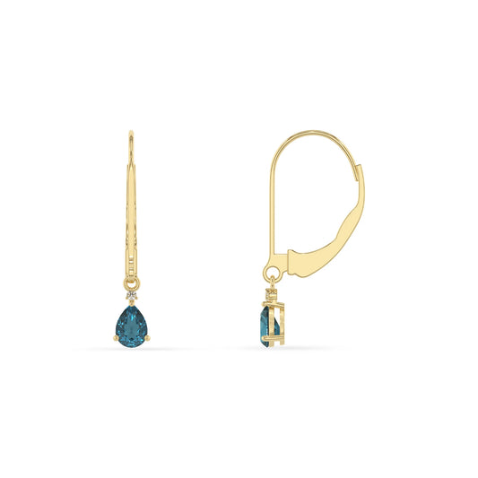 natural london blue topaz pear drop earrings in yellow gold