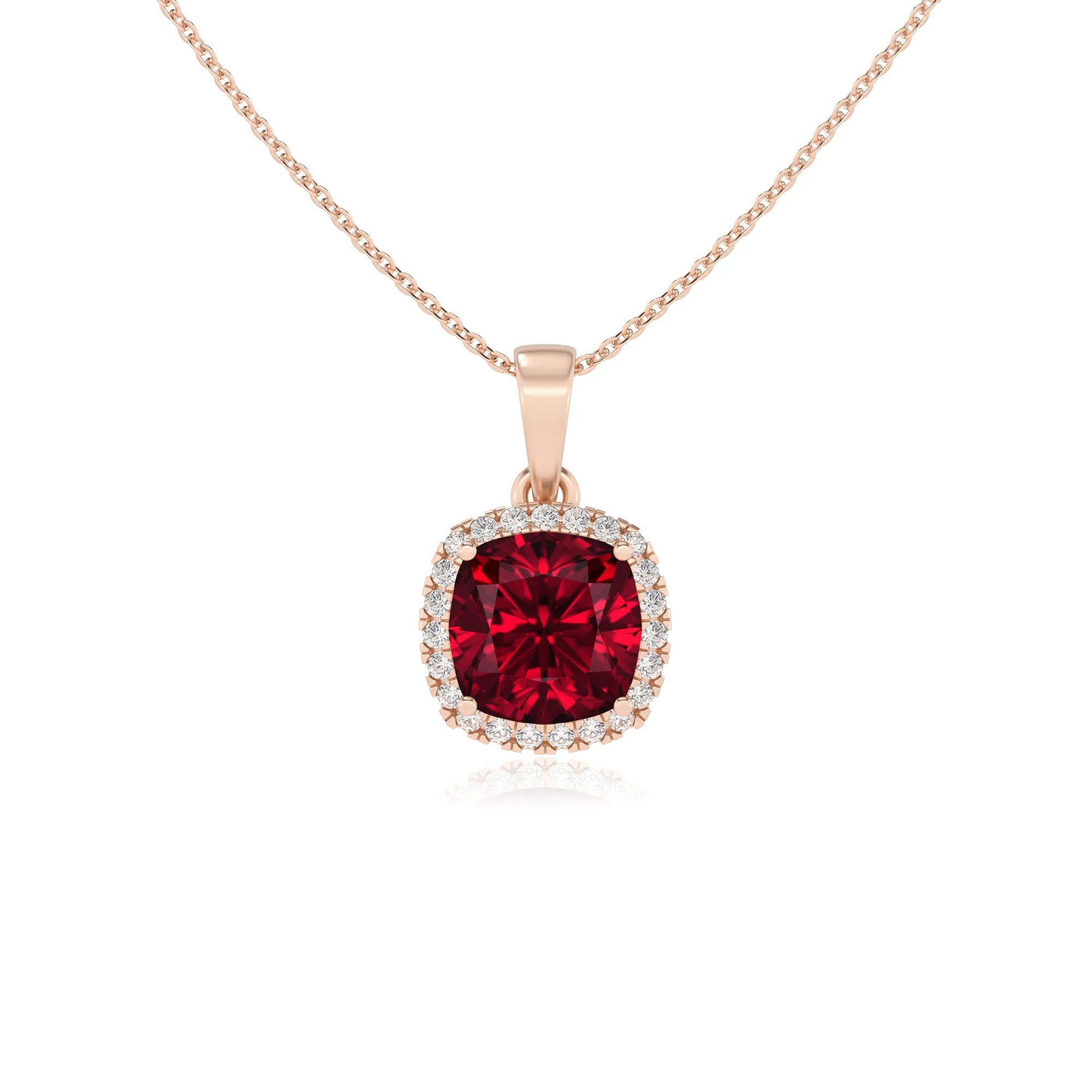 lab grown ruby cushion solitaire necklaces in rose gold