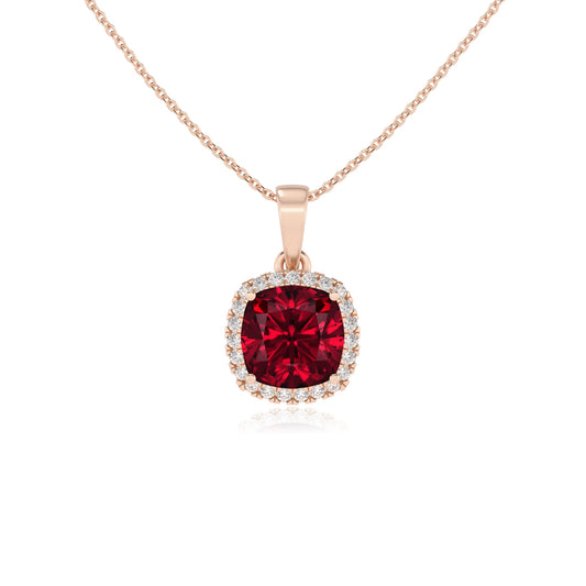 lab grown ruby cushion solitaire necklaces in rose gold