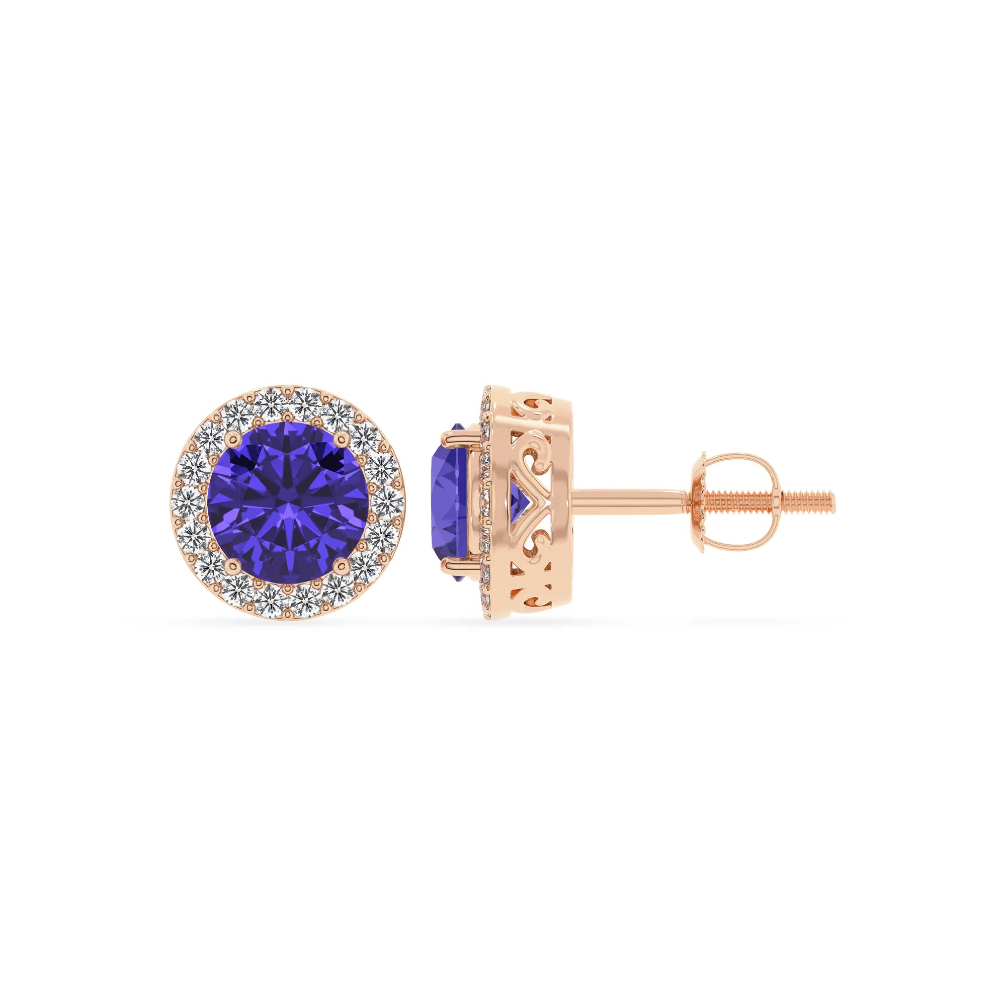 lab grown tanzanite round stud earrings in rose gold