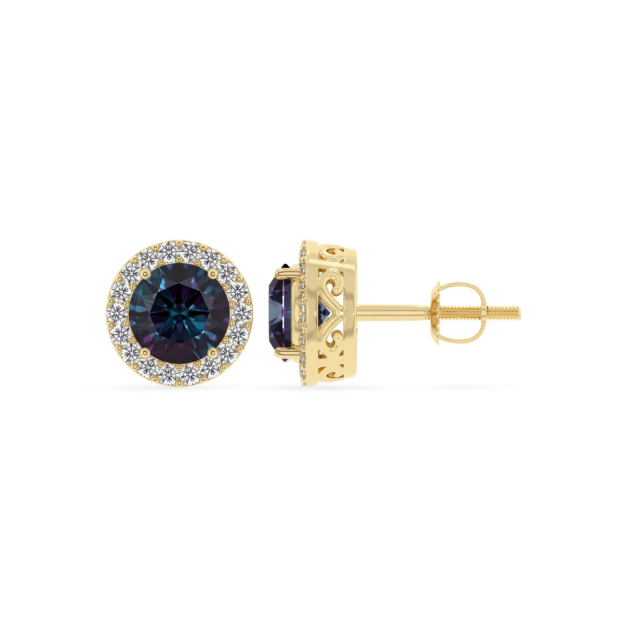 lab grown alexandrite round stud earrings in yellow gold