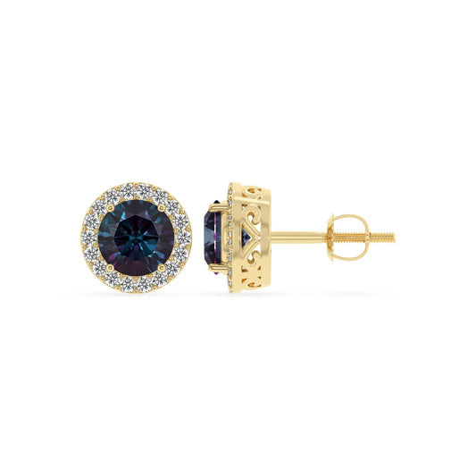 lab grown alexandrite round stud earrings in yellow gold