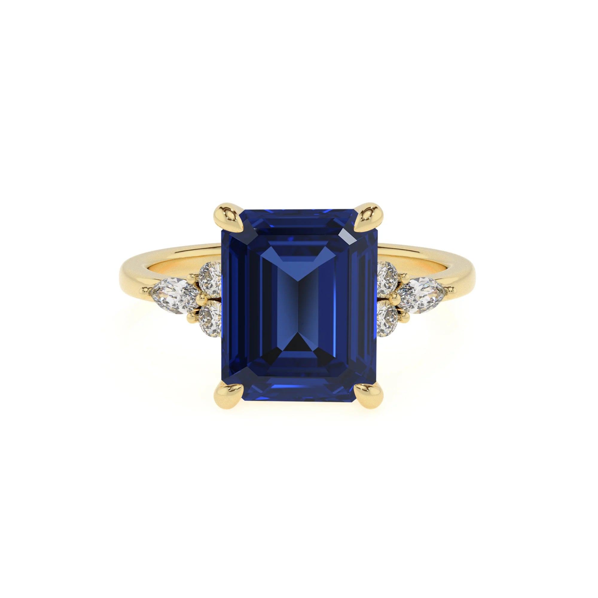 lab grown blue-sapphire emerald cut solitaire rings in yellow gold