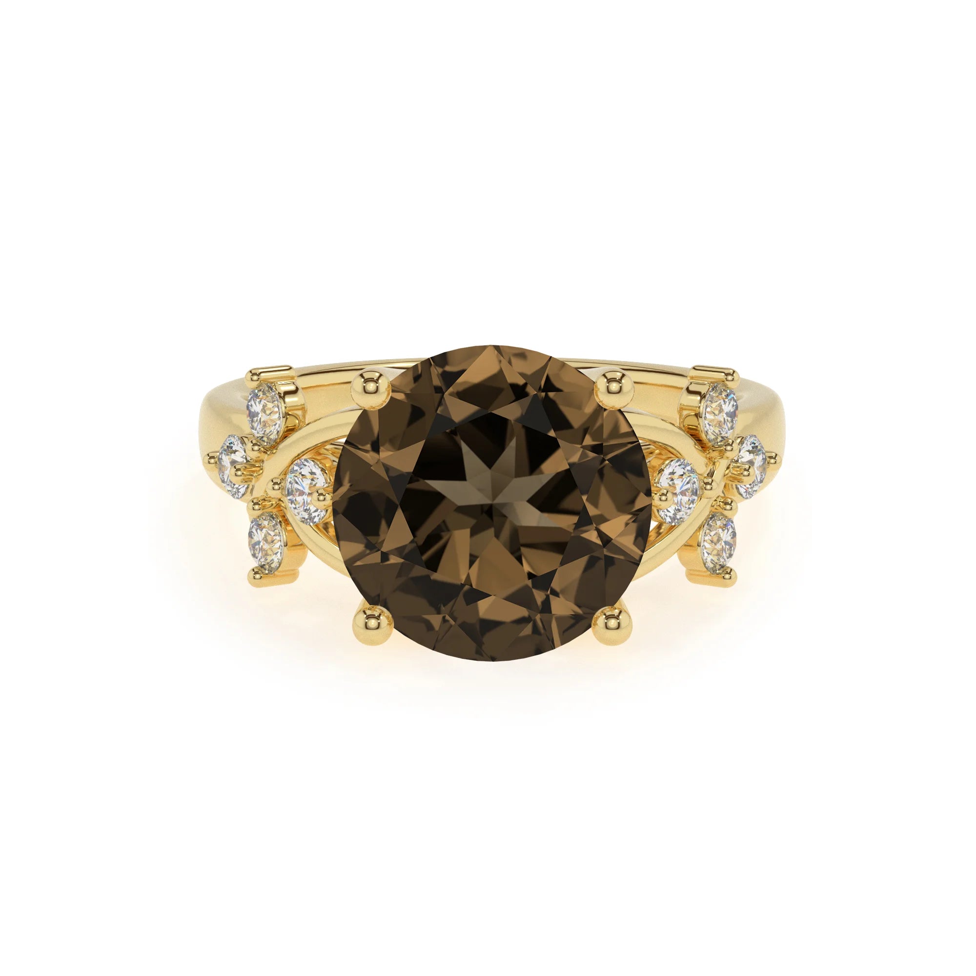 natural smoky-quartz round solitaire rings in yellow gold