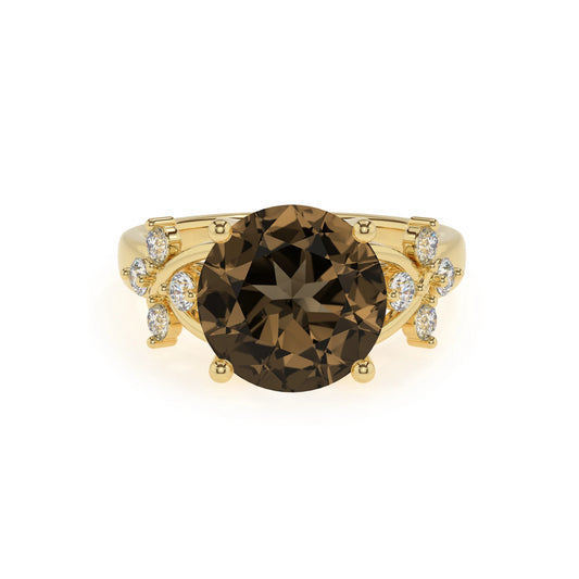 natural smoky-quartz round solitaire rings in yellow gold