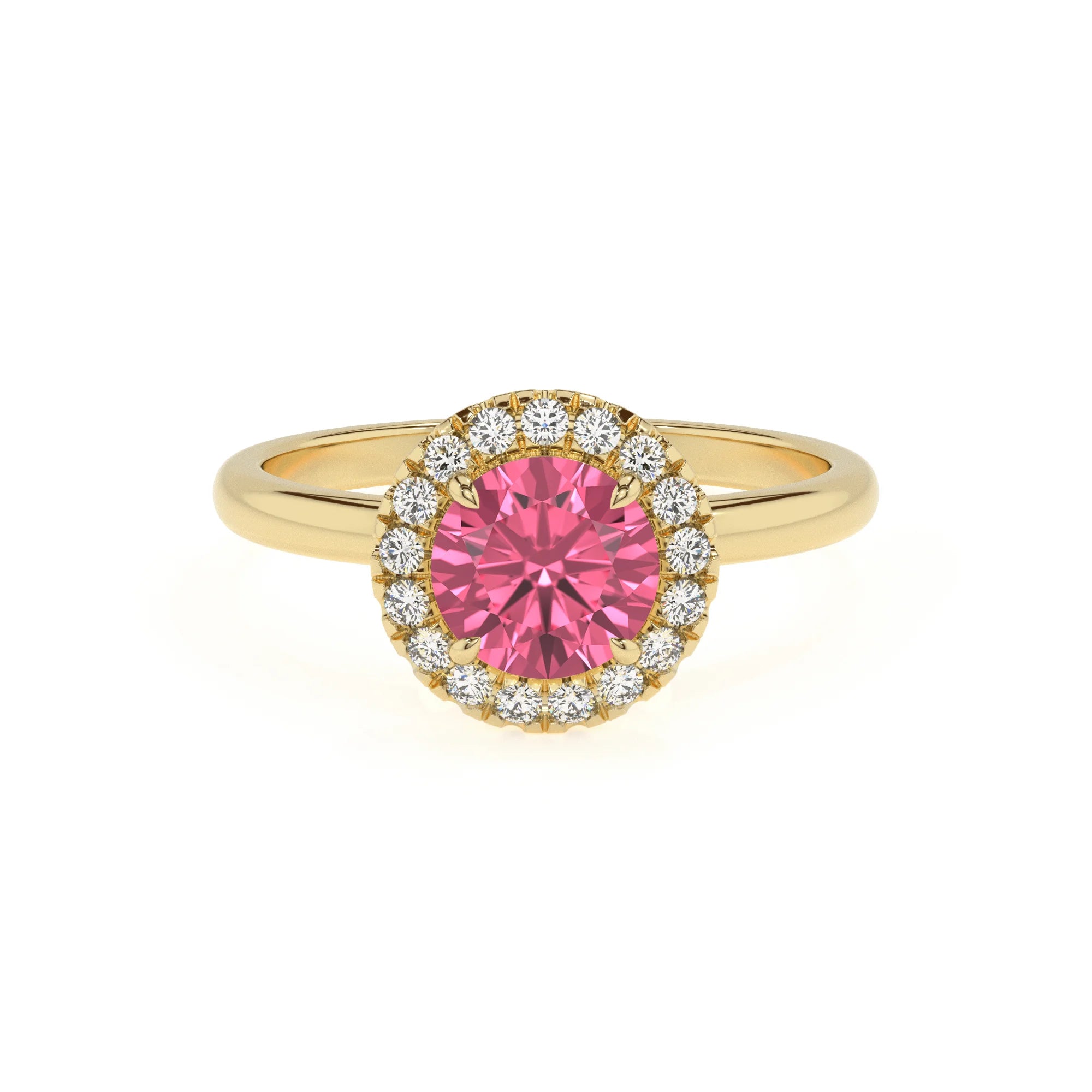 lab grown pink-tourmaline round solitaire rings in yellow gold