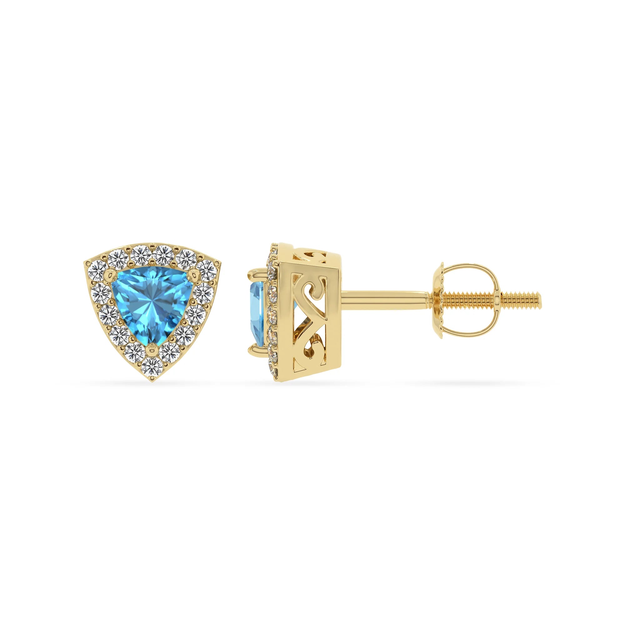 natural swiss blue topaz trillion stud earrings in yellow gold