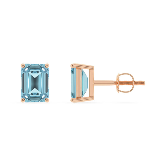 lab grown aquamarine emerald cut stud earrings in rose gold