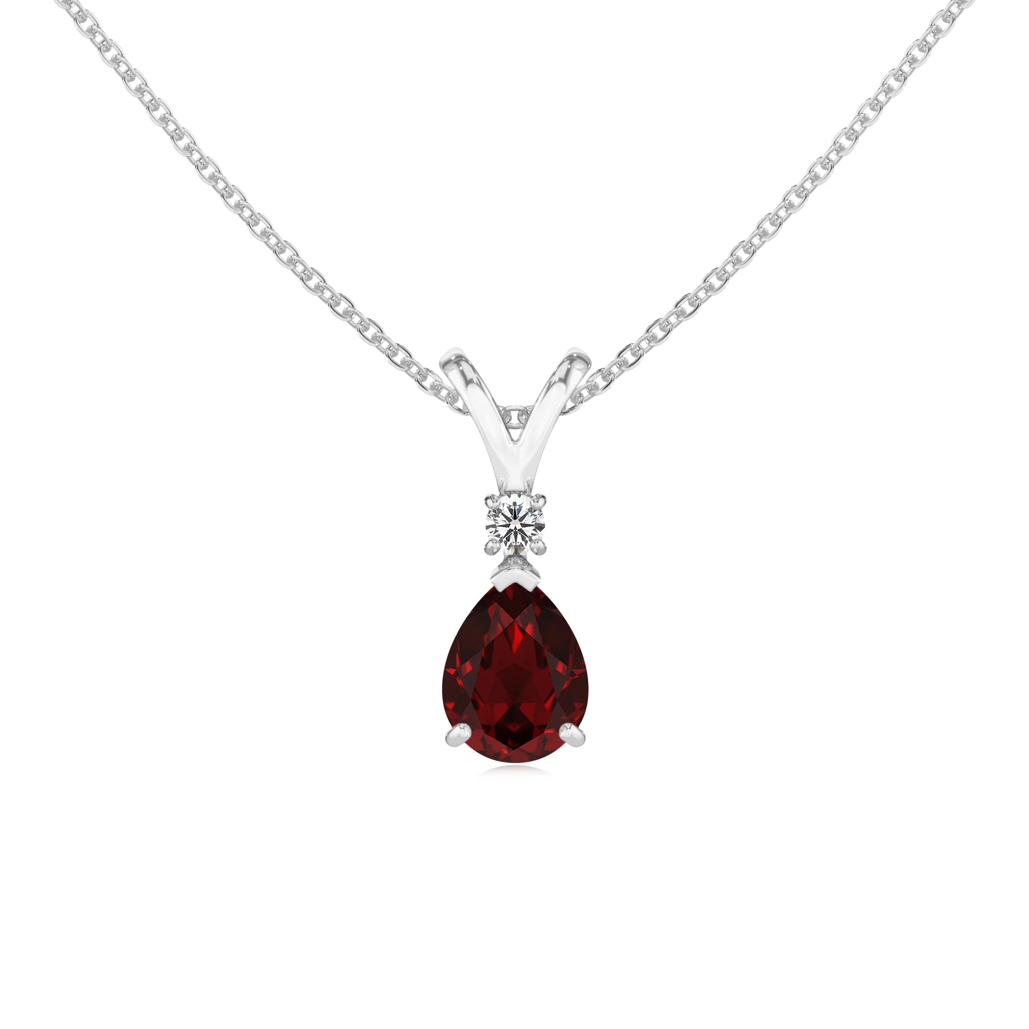 natural garnet pear solitaire v-bale necklaces in platinum