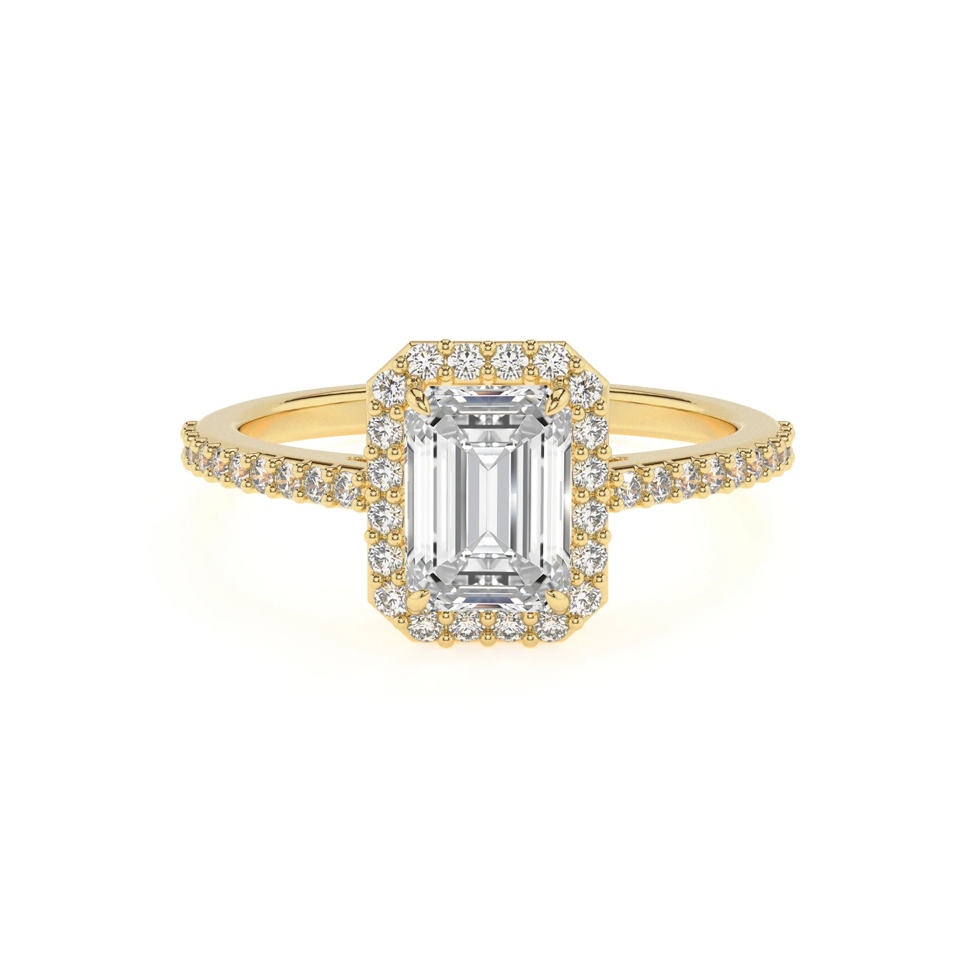 lab grown moissanite emerald cut solitaire rings in yellow gold