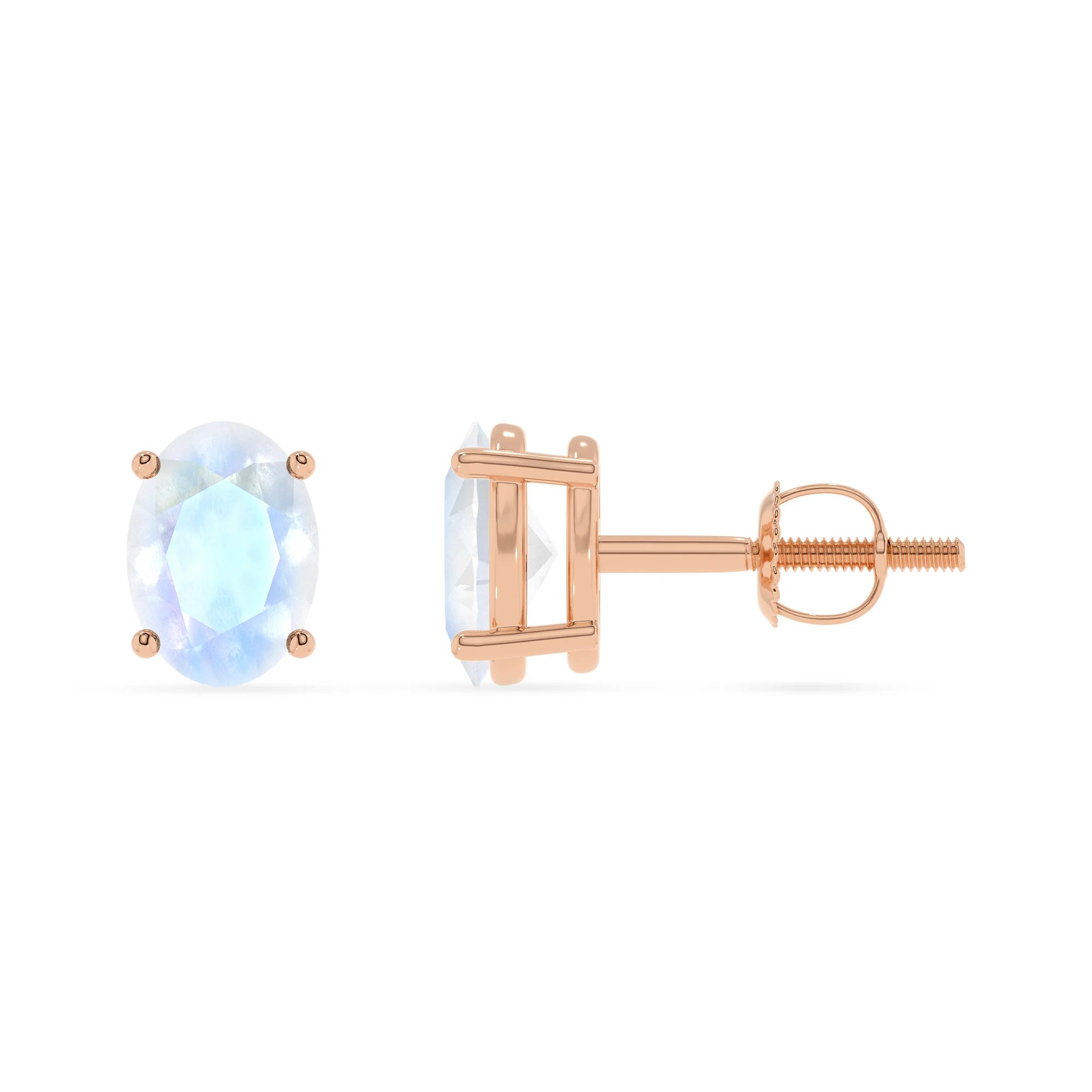 natural rainbow moonstone oval stud earrings in rose gold
