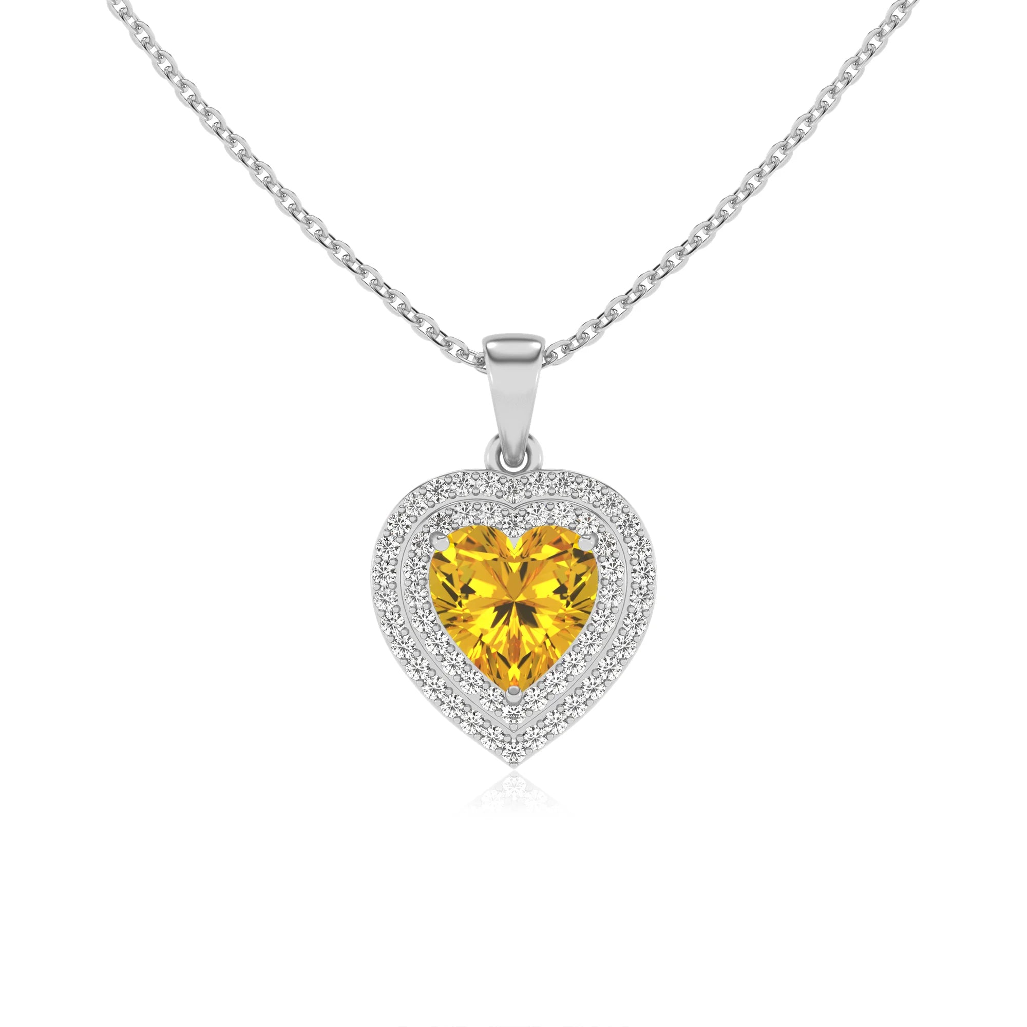 lab grown yellow sapphire heart halo necklaces in sterling silver