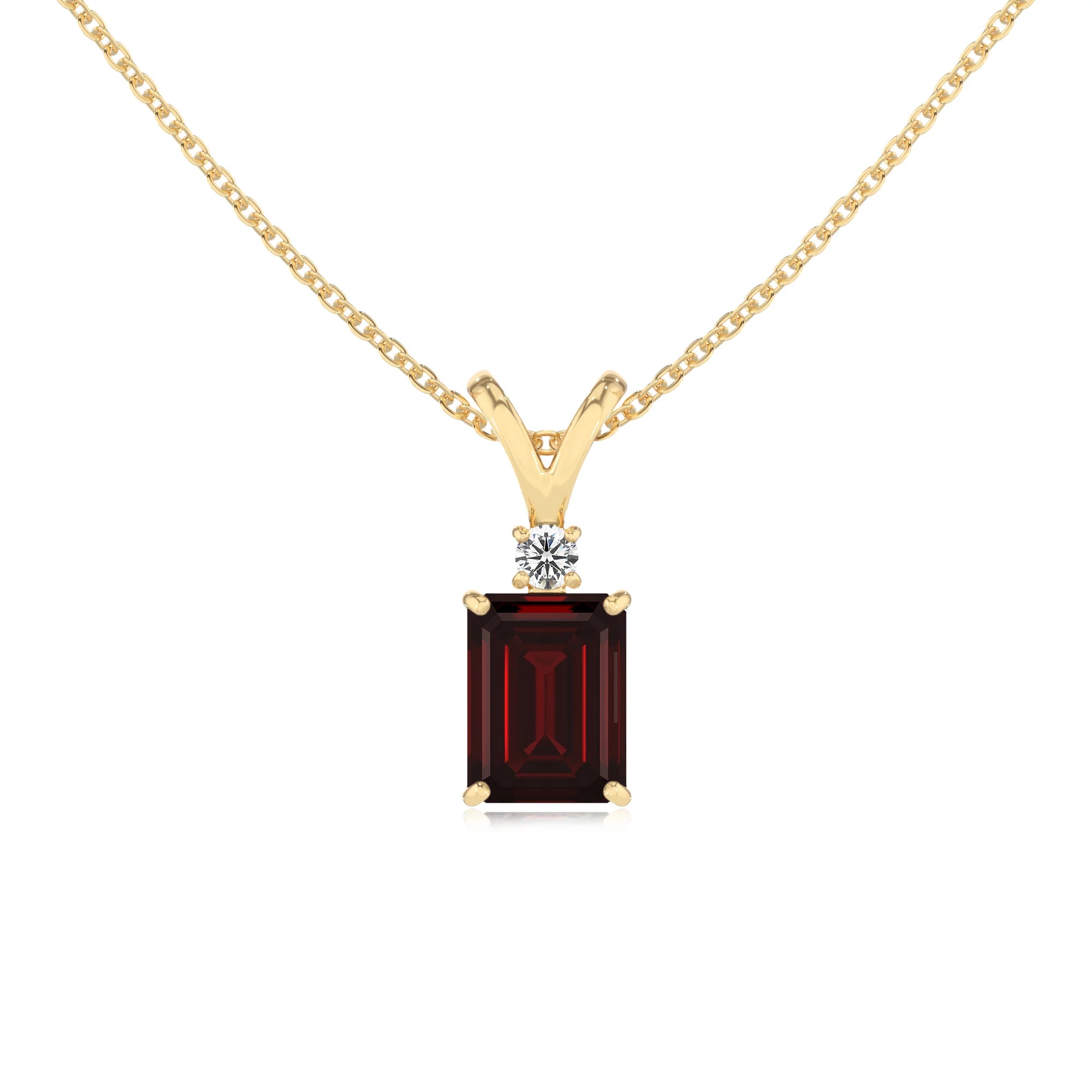 natural garnet emerald cut solitaire v-bale necklaces in yellow gold