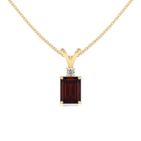 natural garnet emerald cut solitaire v-bale necklaces in yellow gold