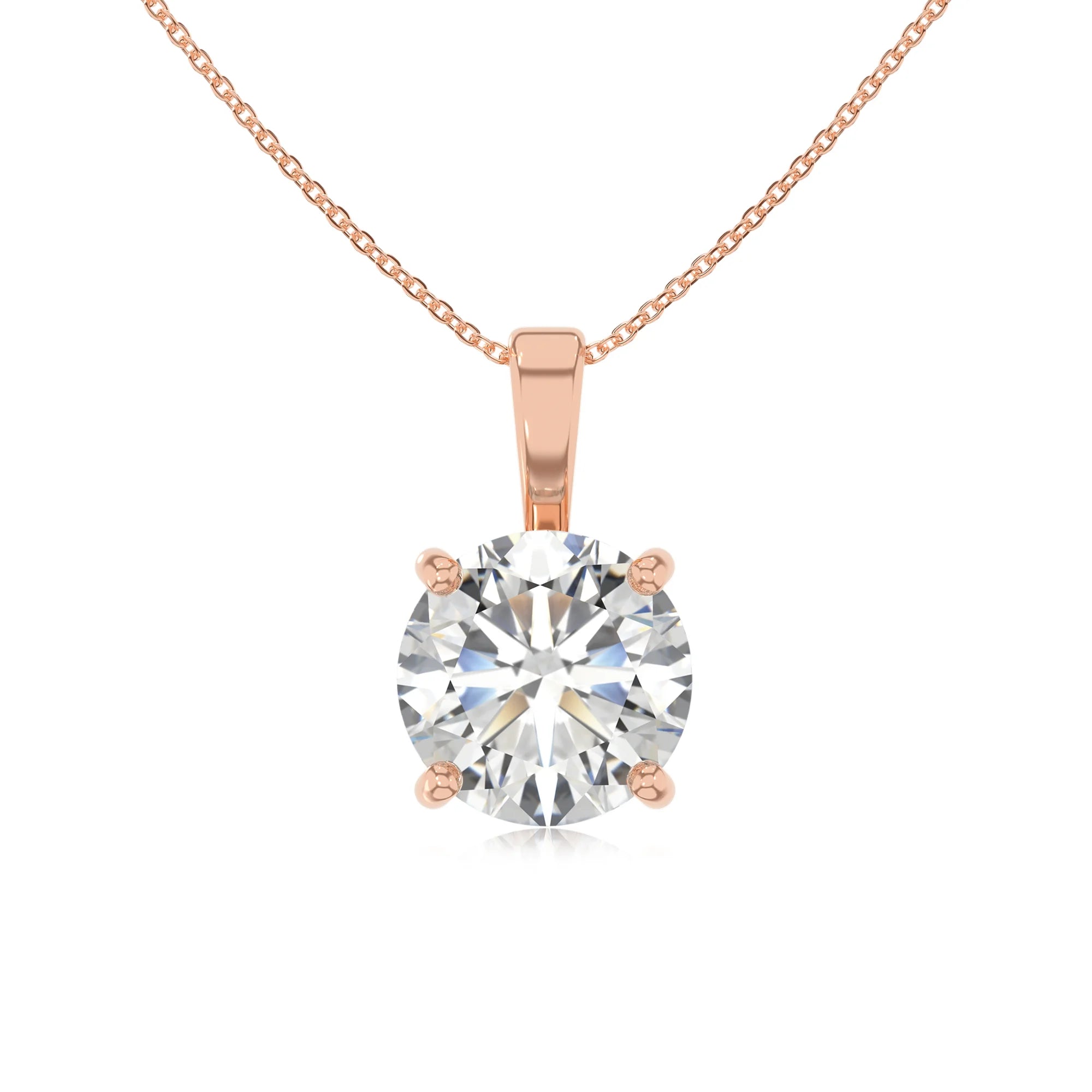 lab grown moissanite round solitaire necklaces in rose gold