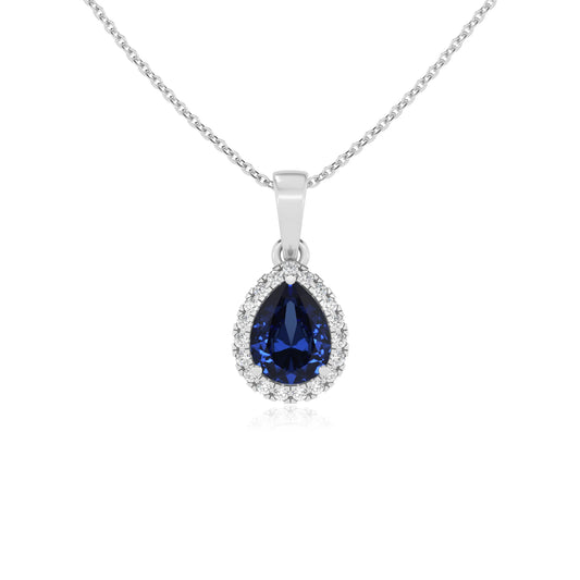 lab grown blue-sapphire pear solitaire necklaces in white gold