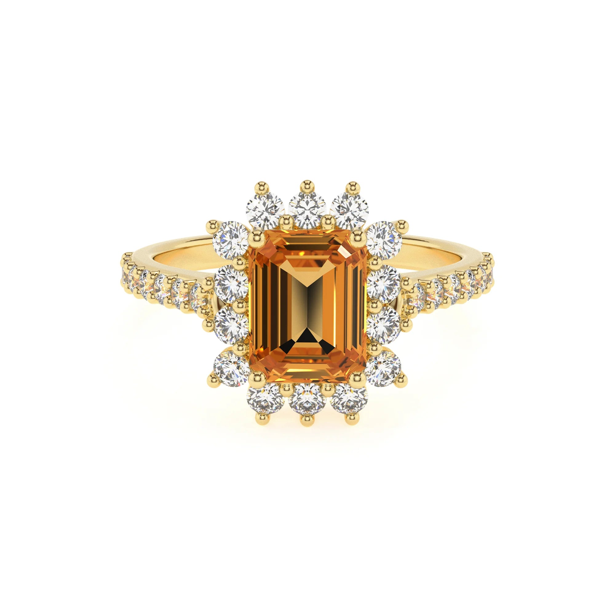 lab grown citrine emerald cut solitaire rings in yellow gold