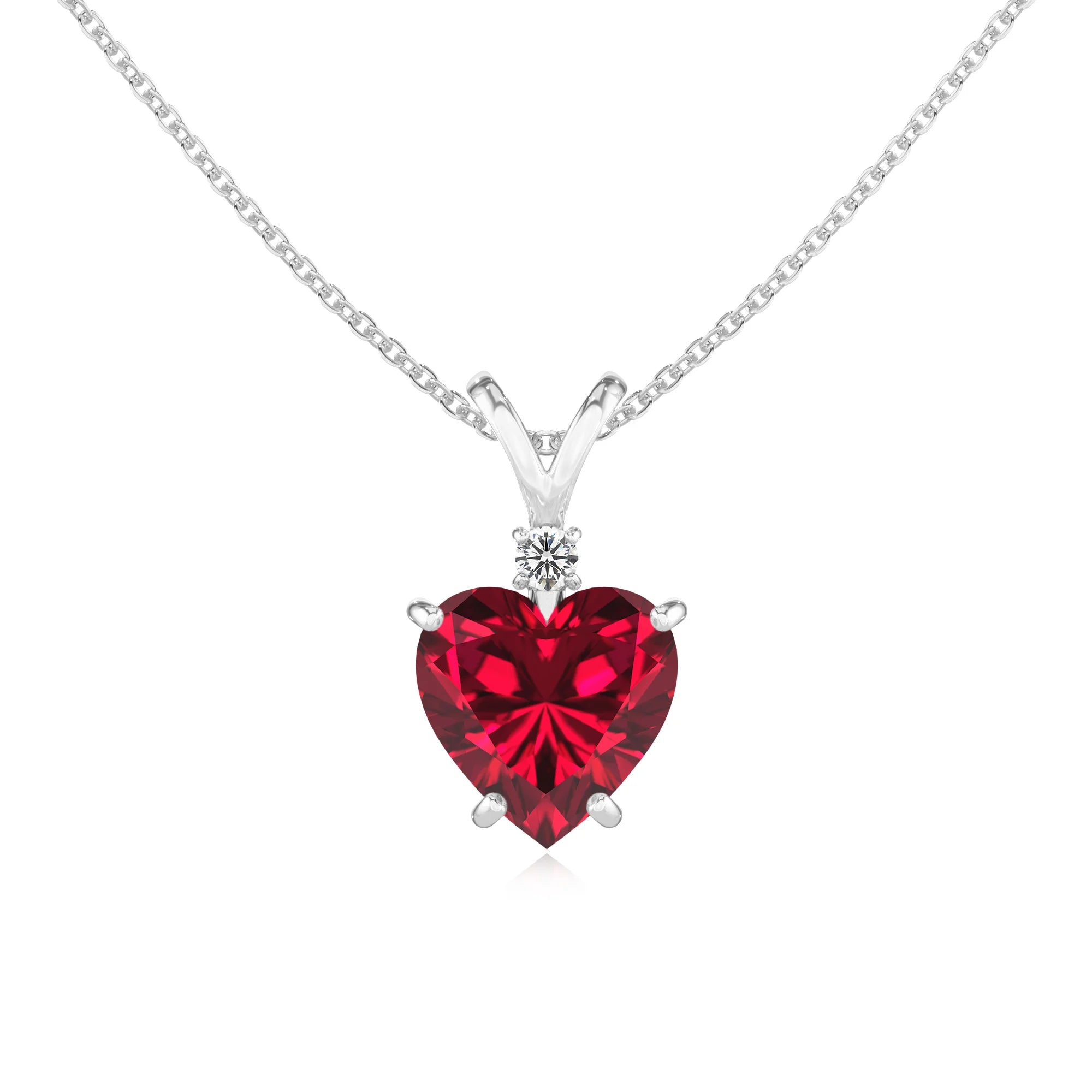 lab grown ruby heart solitaire v-bale necklaces in white gold