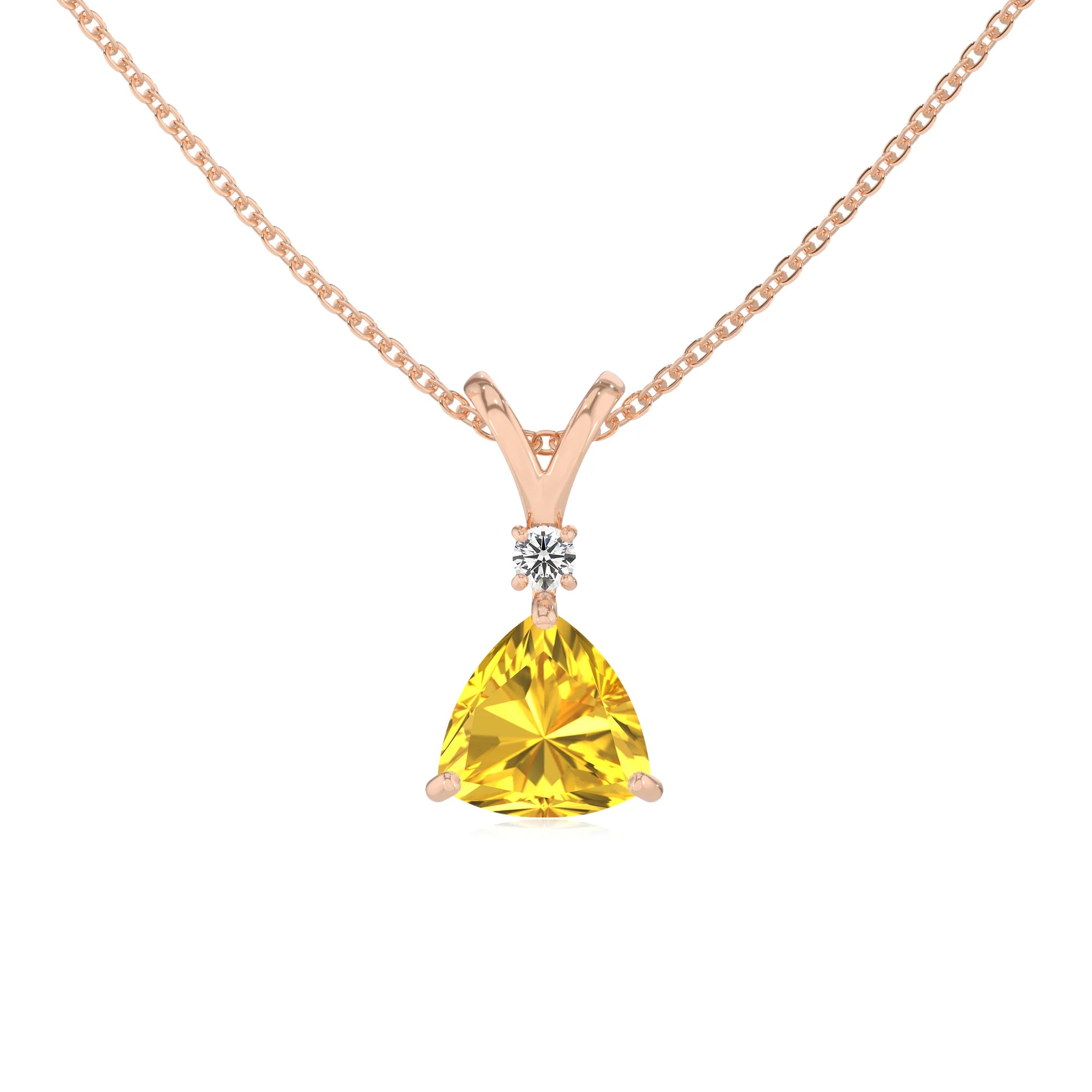 lab grown yellow-sapphire trillion solitaire v-bale necklaces in rose gold