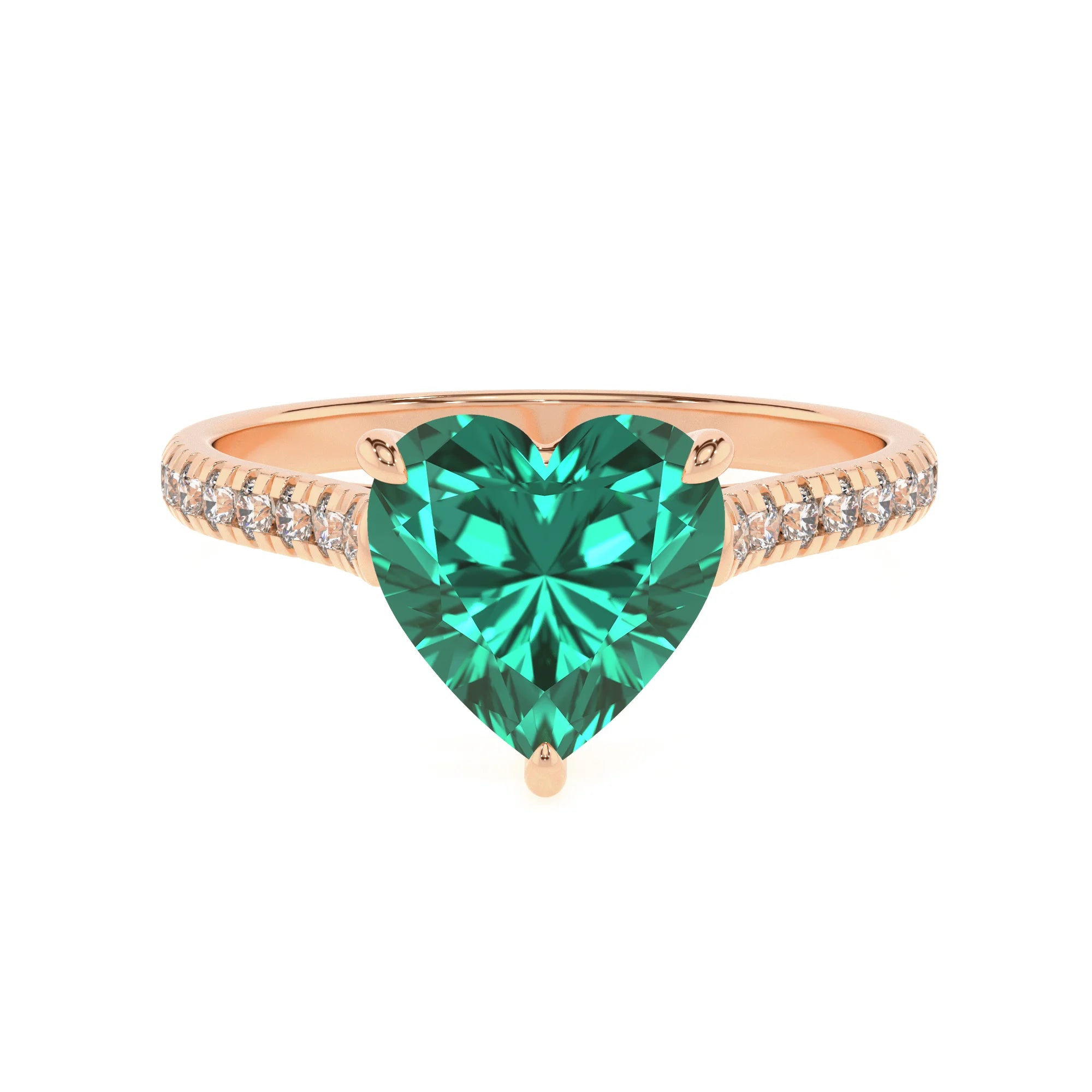 lab grown emerald heart half eternity solitaire engagement rings in rose gold