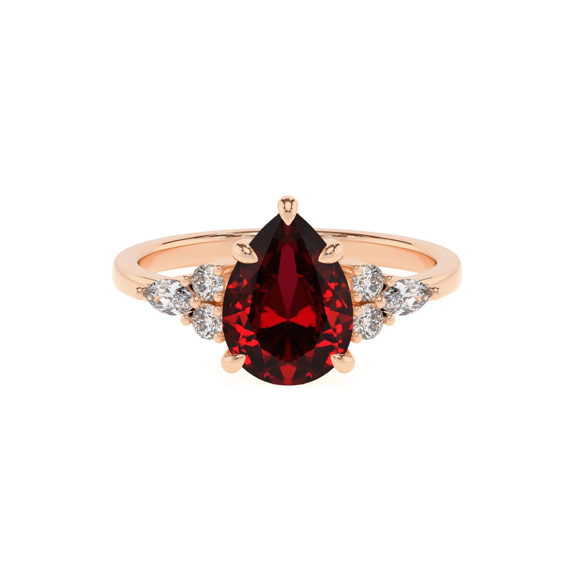 lab grown ruby pear solitaire rings in rose gold