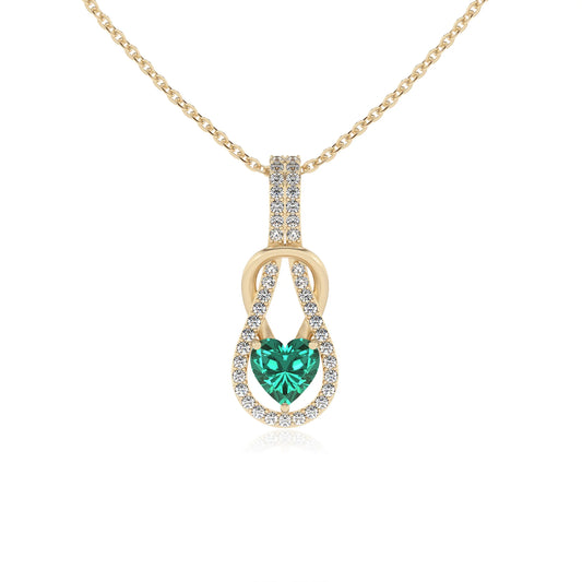 lab grown emerald heart infinity v-bale necklaces in yellow gold