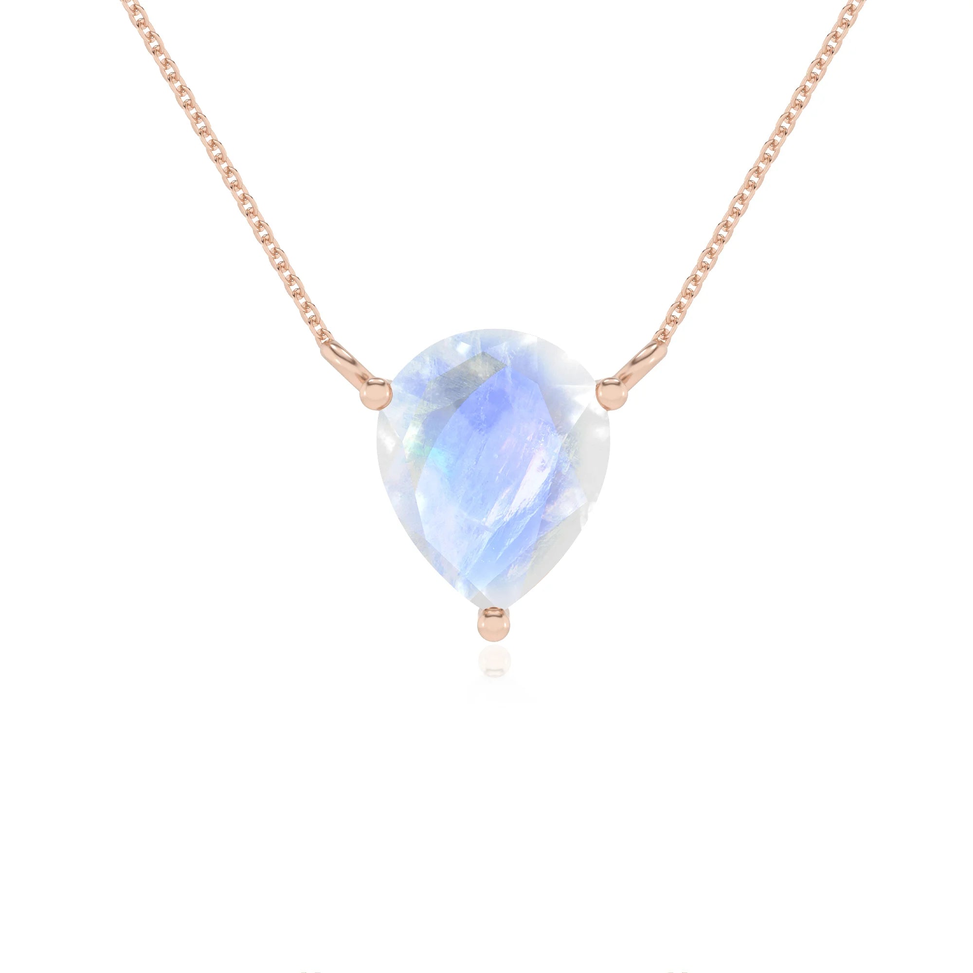 natural rainbow-moonstone pear solitaire necklaces in rose gold