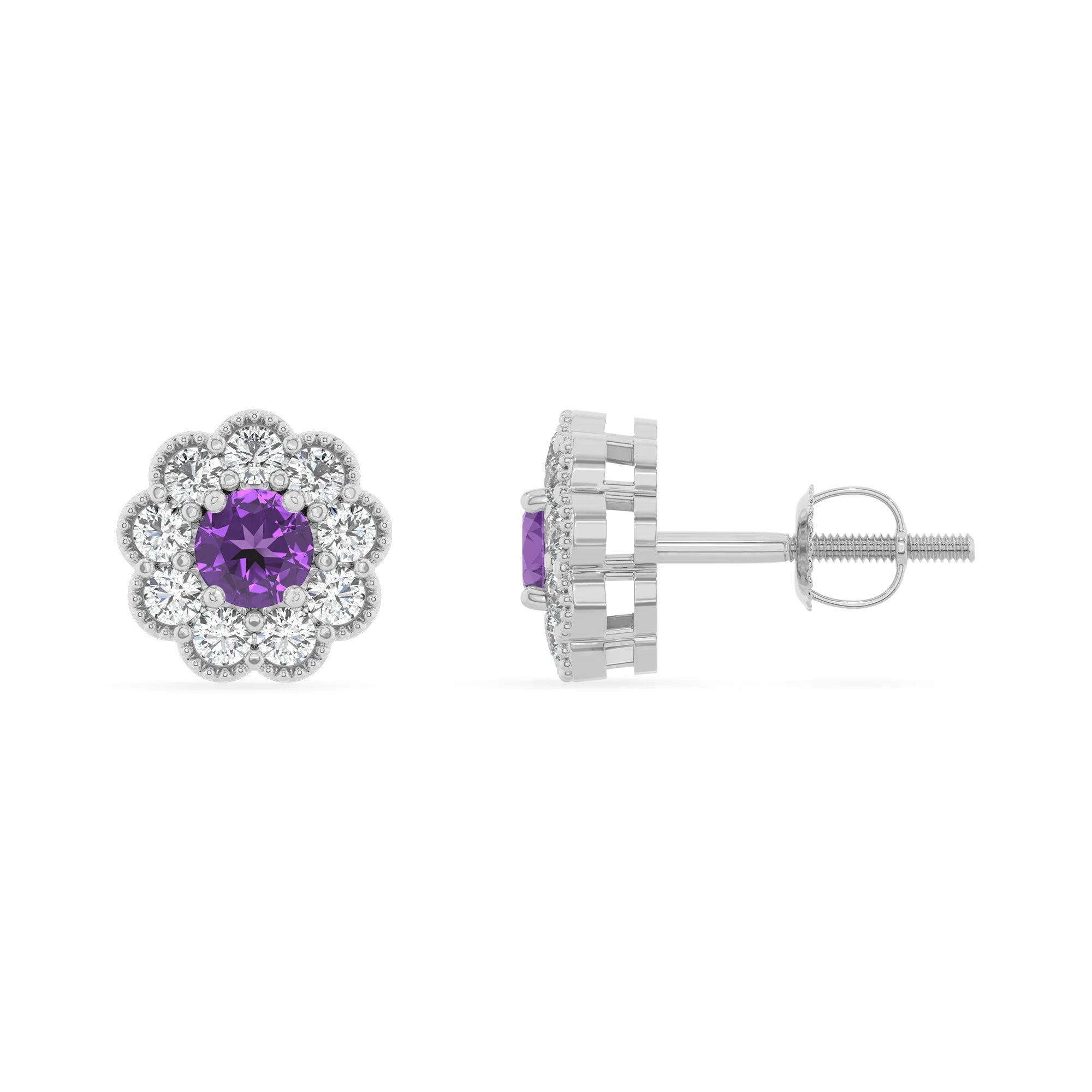 lab grown amethyst round stud earrings in platinum