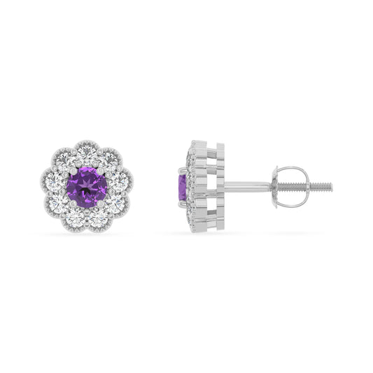 lab grown amethyst round stud earrings in platinum