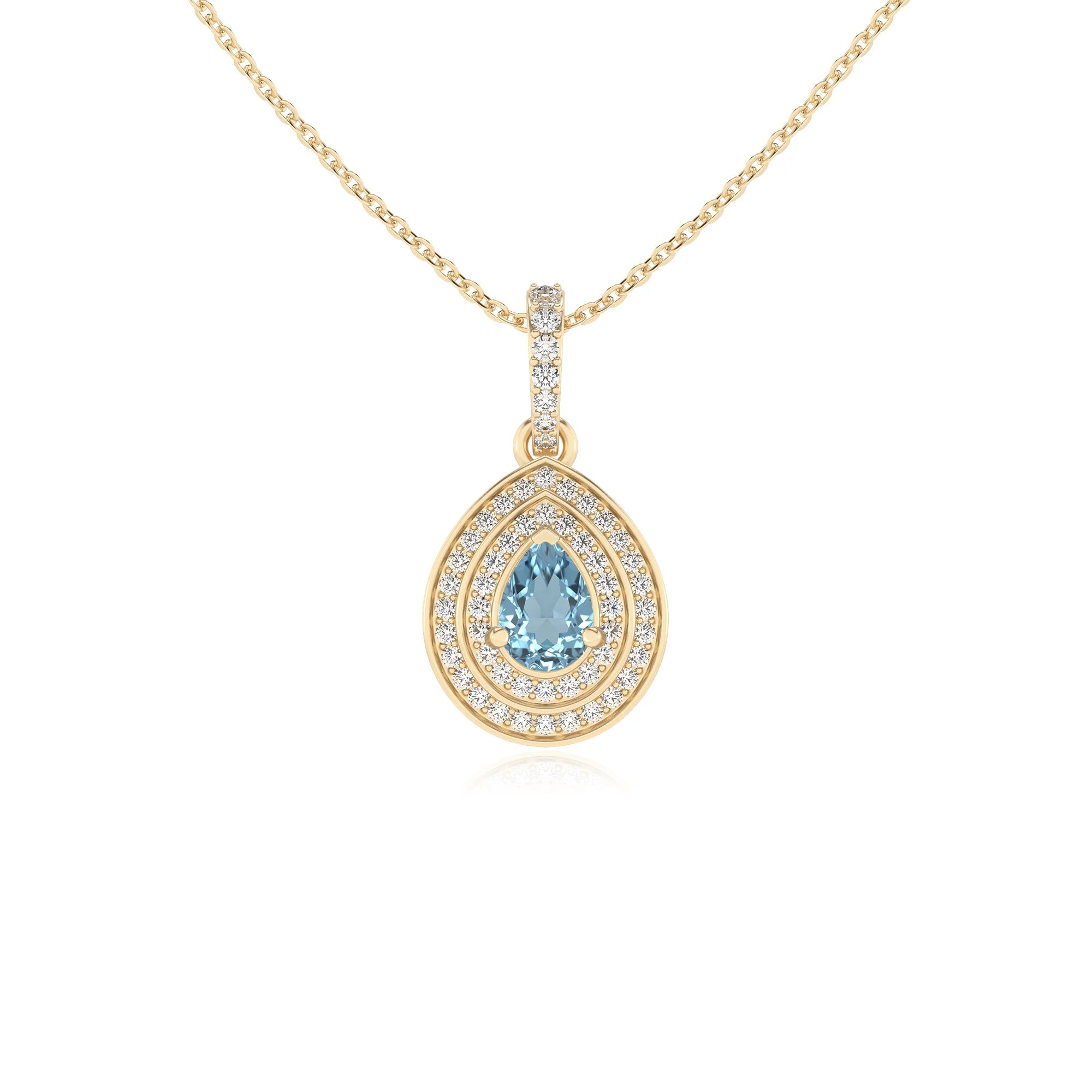 lab grown aquamarine pear halo necklaces in yellow gold