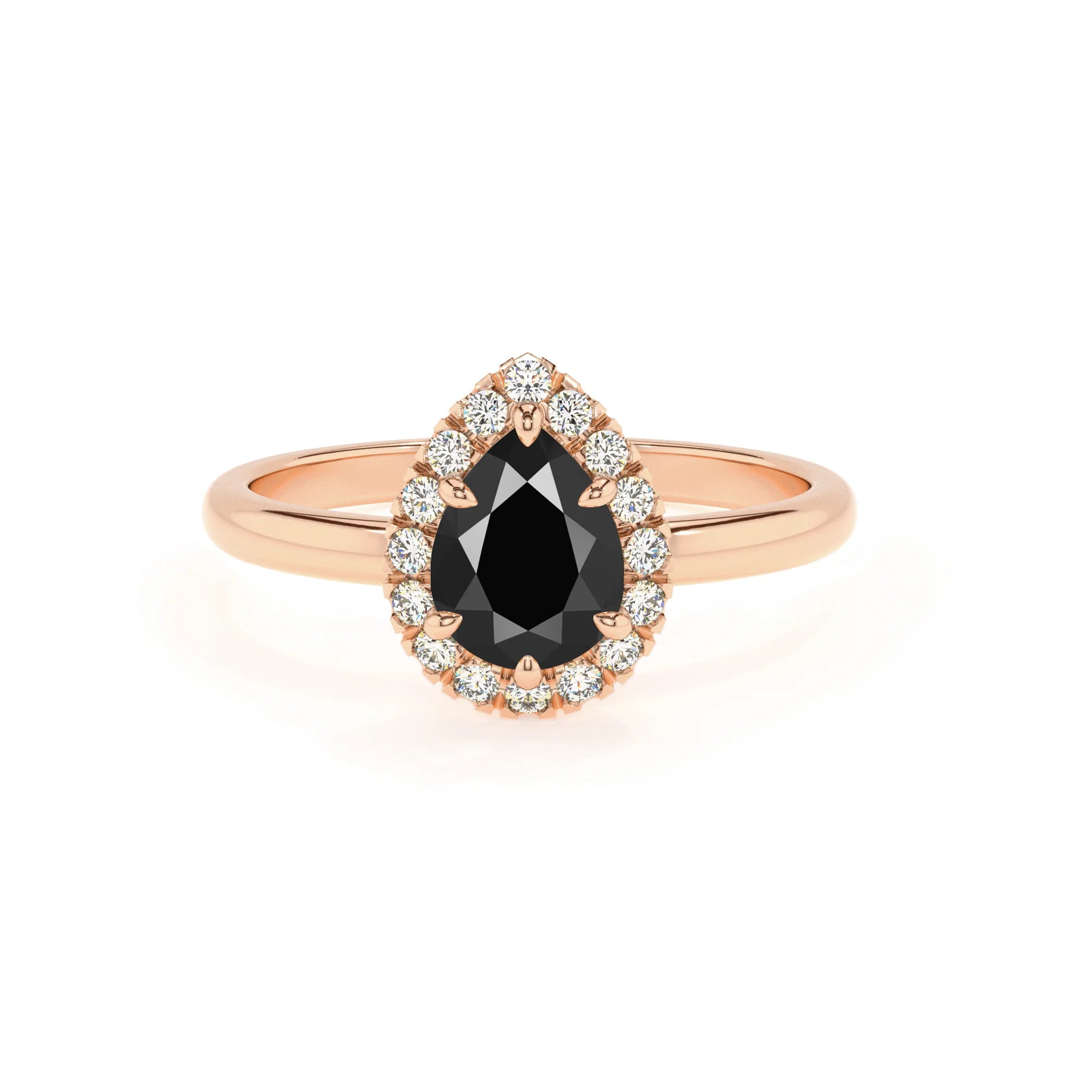 natural black-onyx pear solitaire rings in rose gold