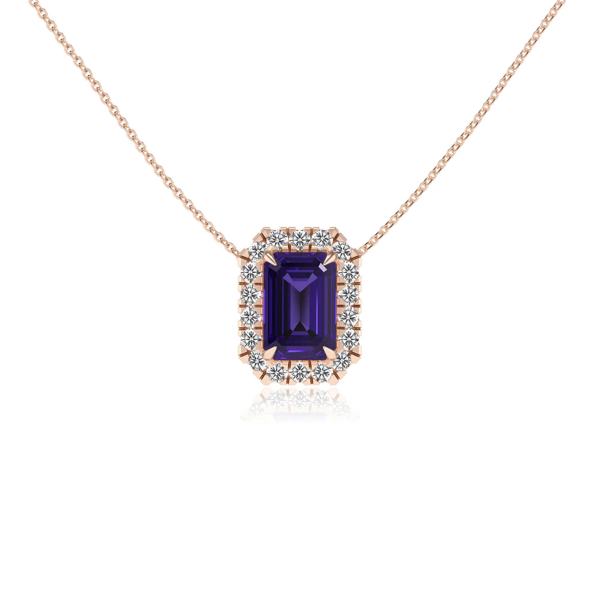 lab grown tanzanite emerald cut solitaire necklaces in rose gold