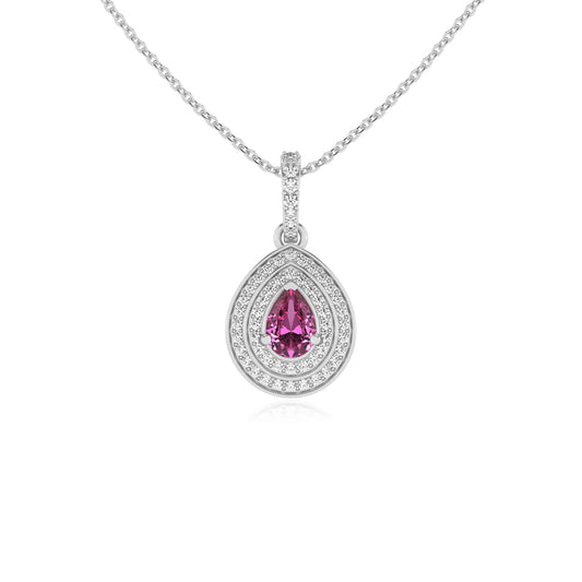 lab grown pink-sapphire pear halo necklaces in sterling silver
