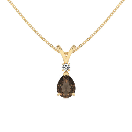 natural smoky-quartz pear solitaire v-bale necklaces in yellow gold