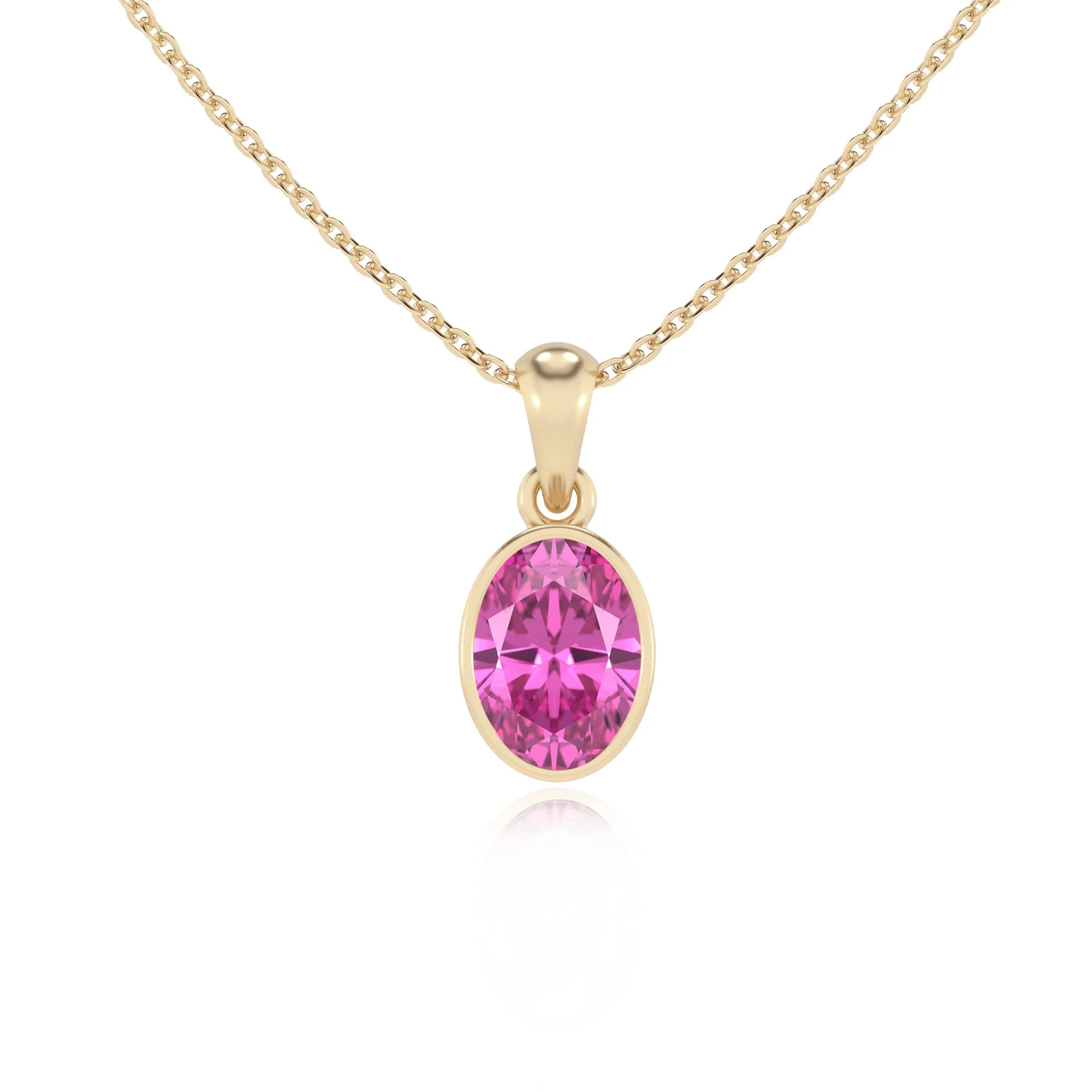 lab grown pink-sapphire oval solitaire necklaces in yellow gold