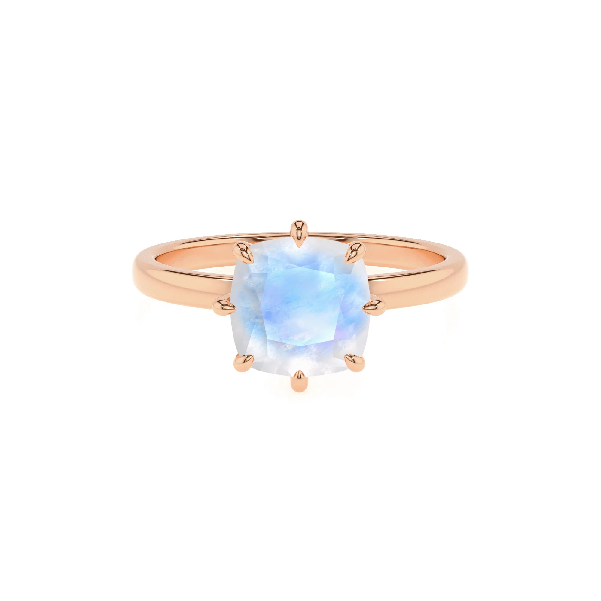 natural rainbow-moonstone cushion solitaire rings in rose gold