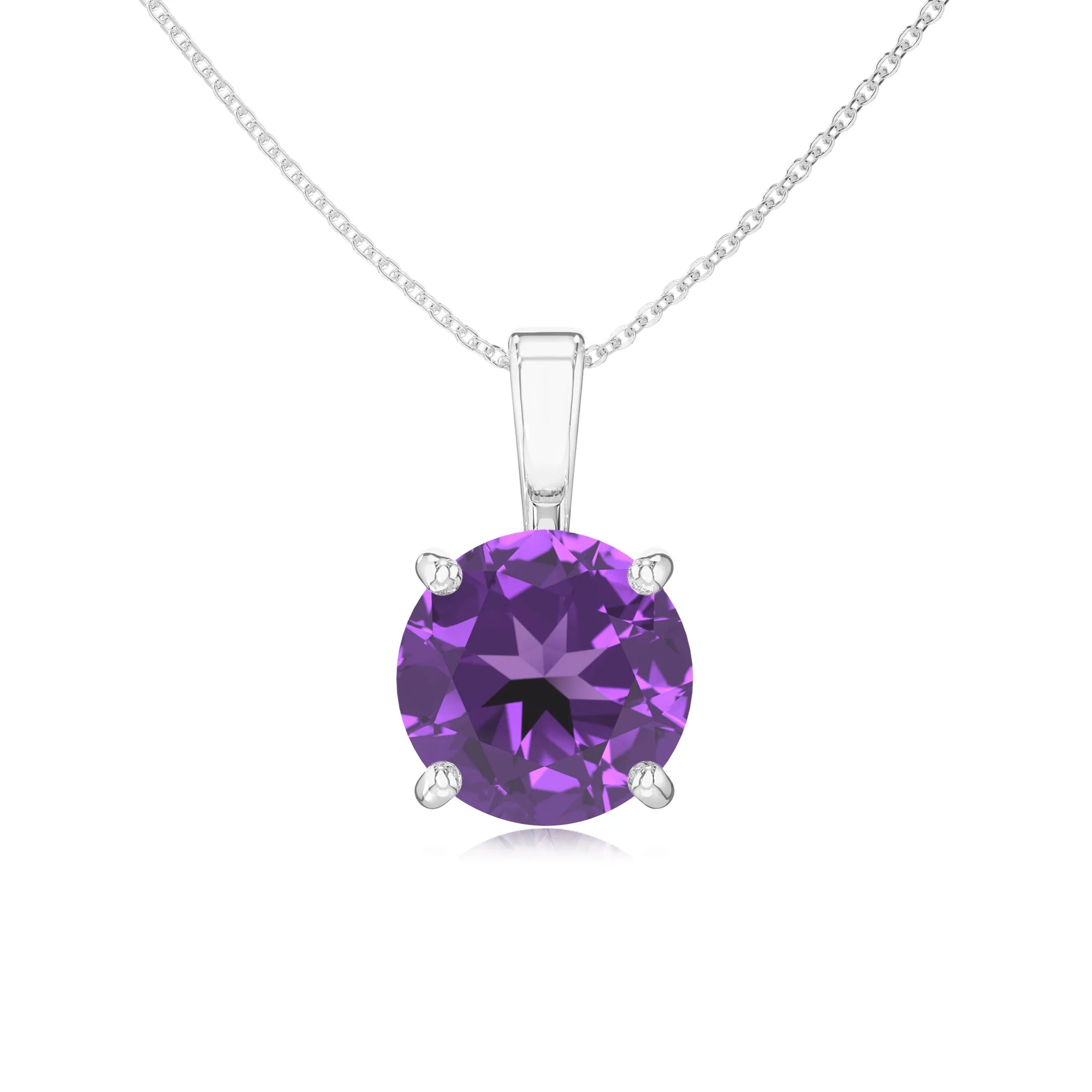 lab grown amethyst round solitaire necklaces in white gold