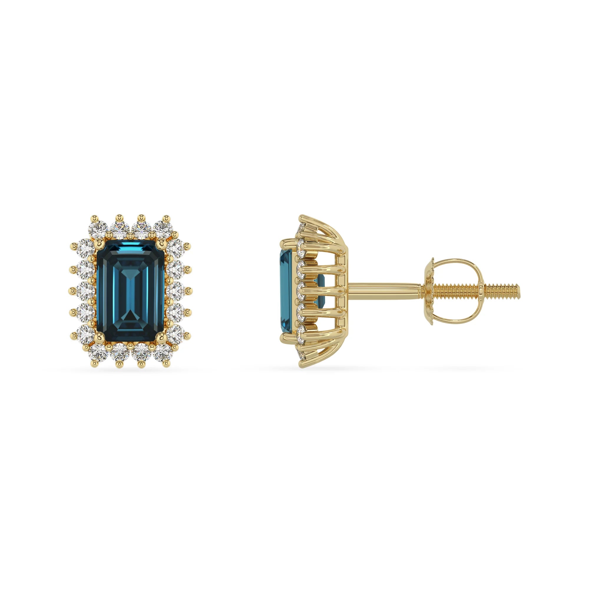 natural london blue topaz emerald cut stud earrings in yellow gold