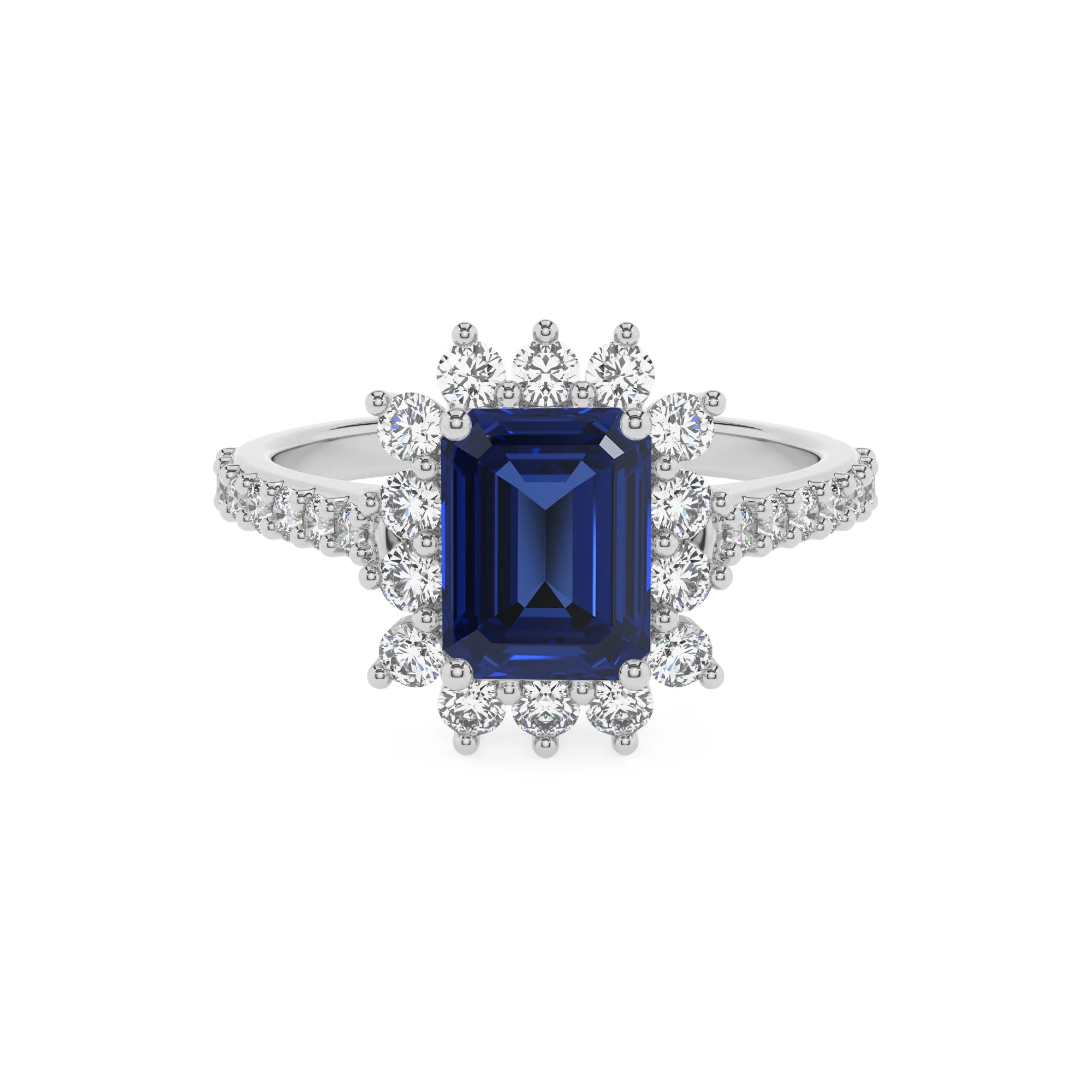 lab grown blue-sapphire emerald cut solitaire rings in platinum