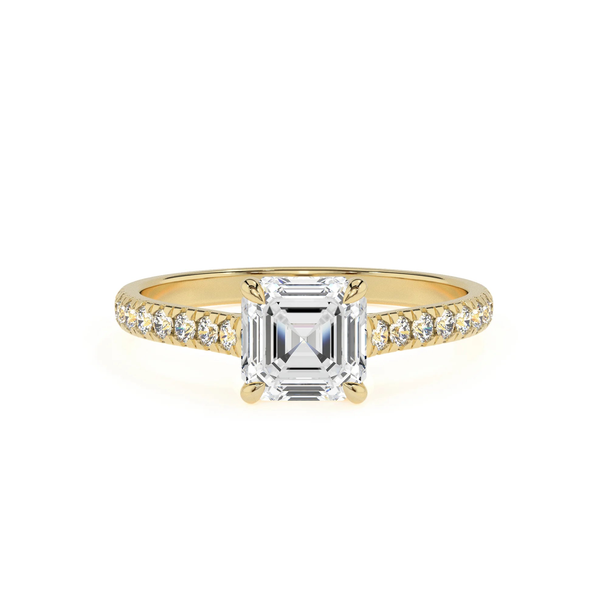 lab grown moissanite asscher half eternity solitaire engagement rings in yellow gold